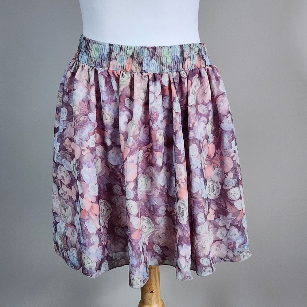 American Apparel Chiffon‎ Floral Skirt Womens M/L Purple Elastic Waist Coquette